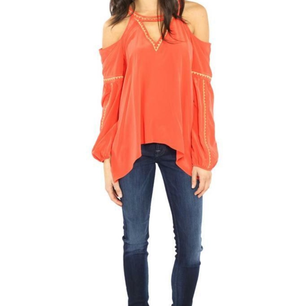 BCBG Max Azria Dree Cut Out Detail Top Bright Poppy Khaki Combo V-Neck Orange